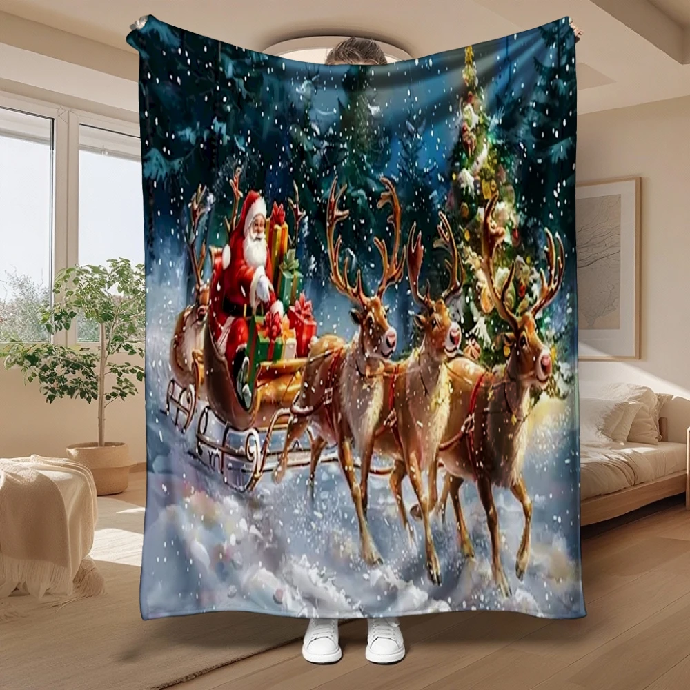 Santa Sleigh Ride, Christmas Gift, Blanket, Reindeer Snowy Forest Design, Home Decor, Soft Cozy Multi-Purpose