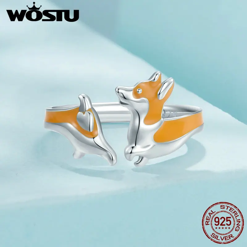 WOSTU 925 Sterling Silver Lovely Corgi Open Ring Doggey Ring with Enamel Fine Jewelry for Women Girl Party Birthday Memory Gift