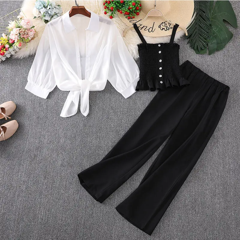 Women\'s Summer Chic Daisy Print Chiffon Sun Shirt Sling Wide Leg Pants 3 Piece Set Korean Casual Lady Graceful Outfits 2023 New