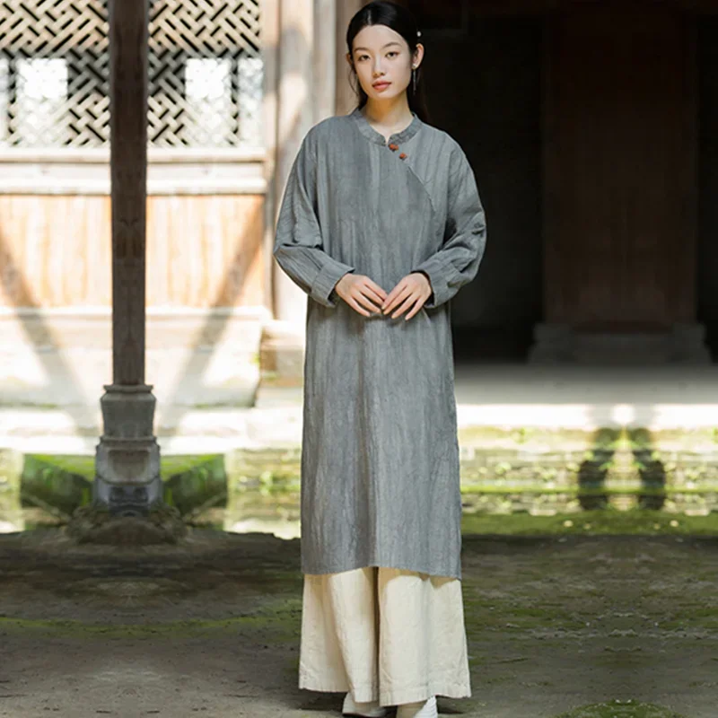 

Pop Short - Sleeved Dress Long-Length Literature And Art Retro Spring Summer Cotton And Linen Loose Thin National Style