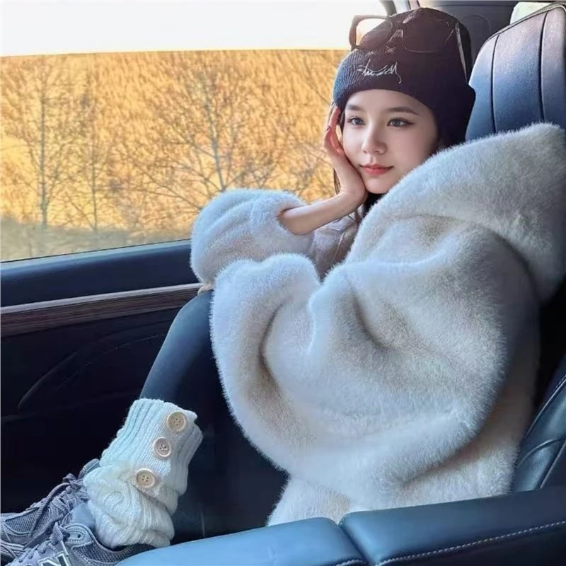 Abrigo de piel de algodón de longitud media para mujer, Jaet de piel sintética holgado y cálido para invierno con capucha, ropa de algodón cálida para toda la piel