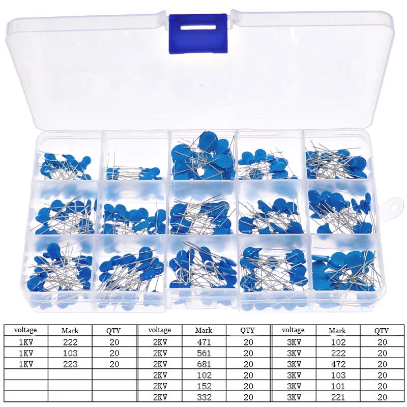 300Pcs 15Value 0.1nF- 22nF 1KV 2KV 3KV Blue High Voltage Ceramic Capacitors Assortment Assorted Mixed Box kit