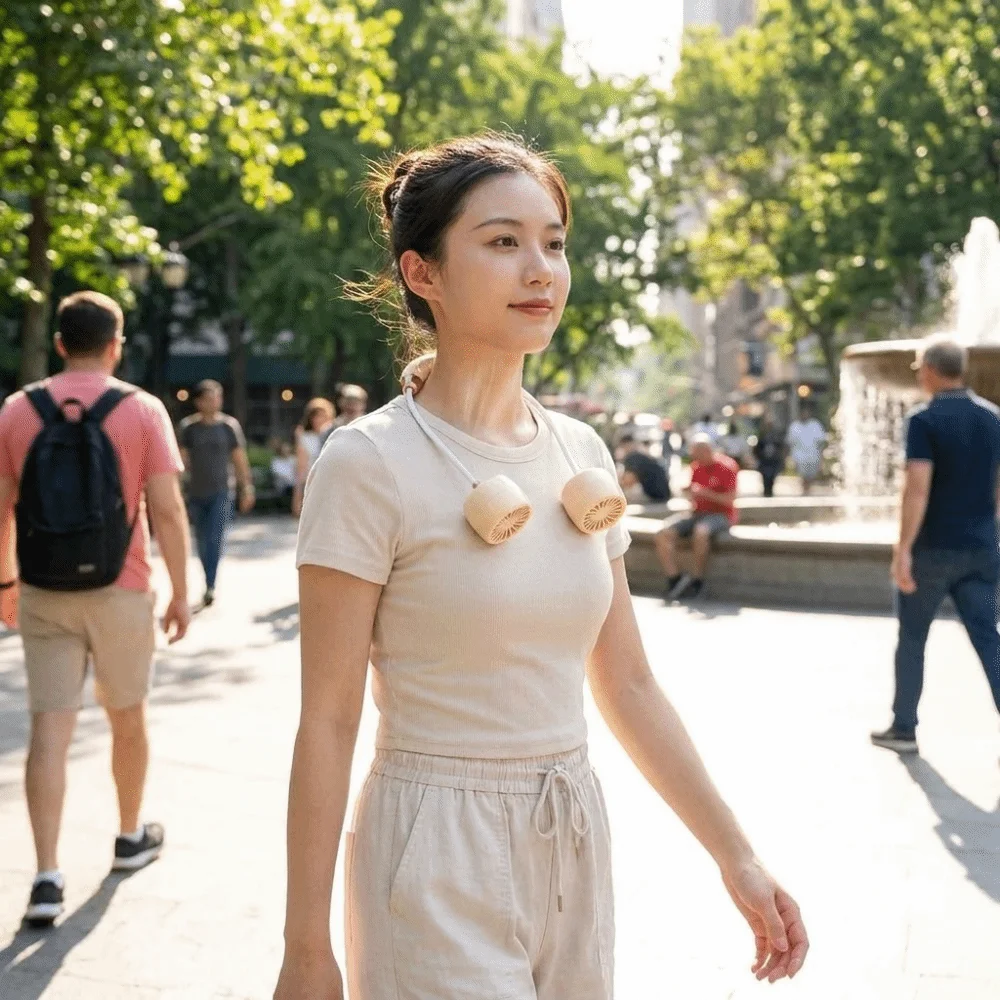 Cream Tone Wearable Neck Fan Turbine Air Outlets Foldable Structure Foldable Neck Fan Rechargeable Battery Cool Wind