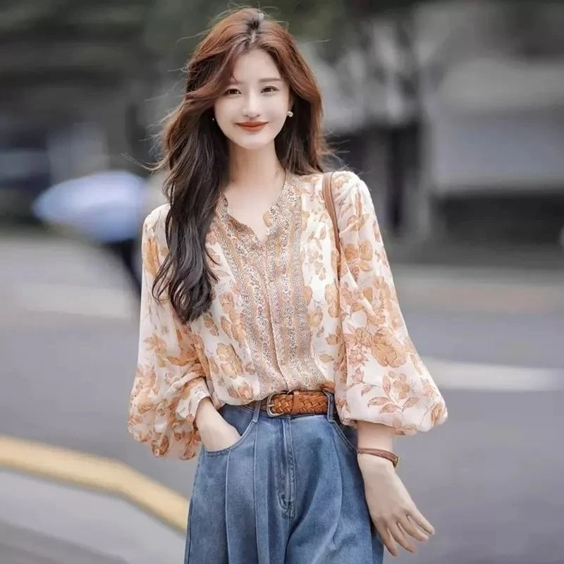 

2025 весенне-осенняя шифоновая верхняя рубашка с цветочным узором и рукавами-фонариками, женские модные топы с цветочным принтом во французском стиле, рубашки