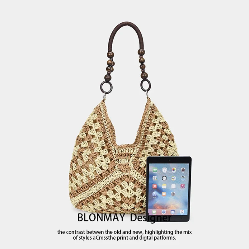 8 Stile Perlenbesetzte Häkel-Strick-Handtasche mit Farbblock-Design, Damen Sommer Hohlgeflochtene Handtasche, Leichte Lässige Strandtasche – Detail 2