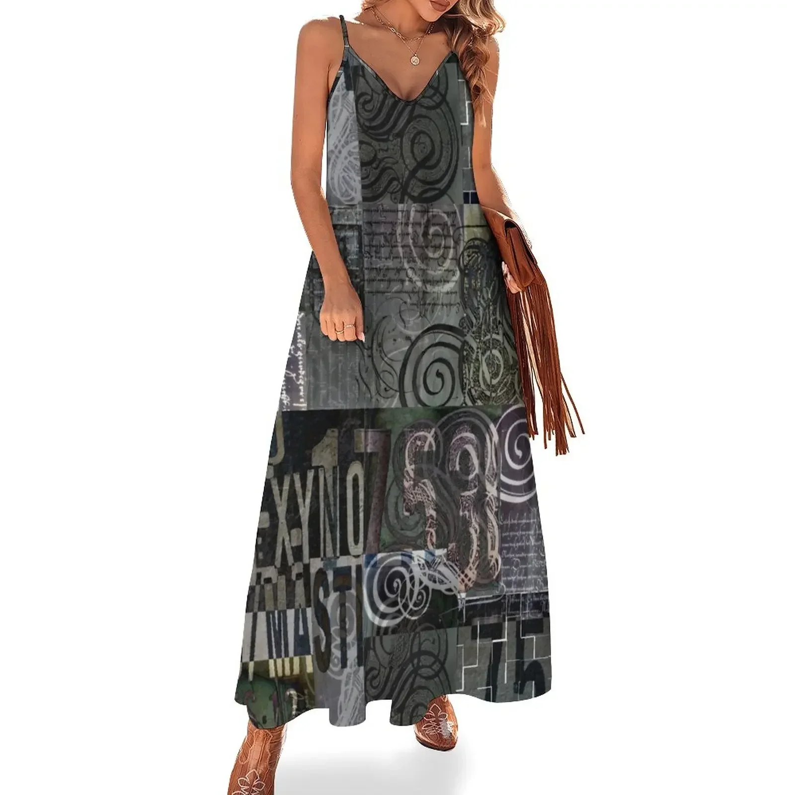 Vintage letters collage Sleeveless Dress sexy dress for women women evening dress Long dresses