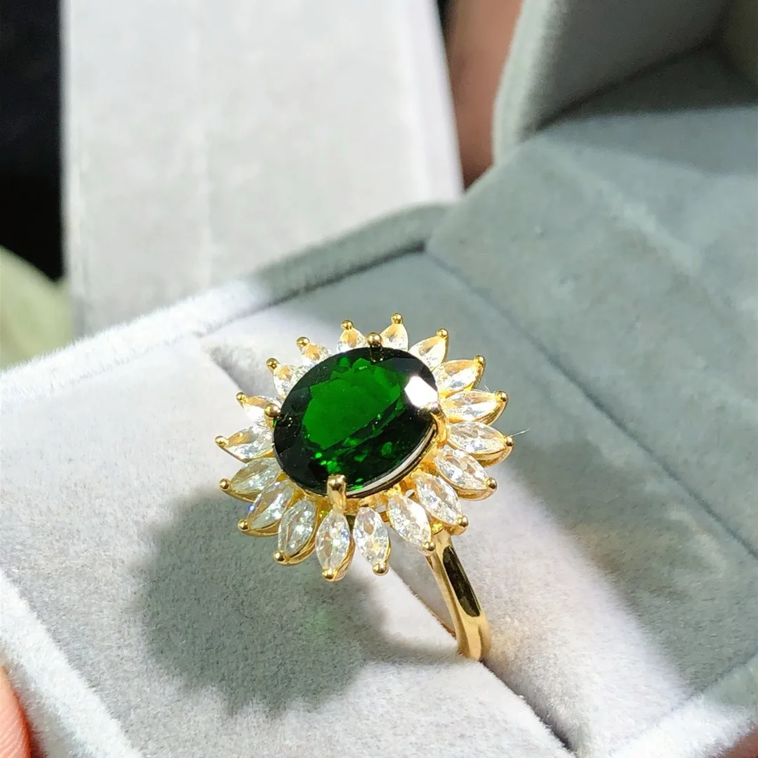 

Позолоченное кольцо из натурального диопсида 925, ювелирные изделия из зеленого драгоценного камня 9x11 мм, роскошная массивная деталь золотого тона