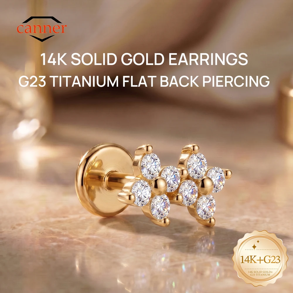 CANNER 14K Solid Gold Flower Cluster Piercing Stud Earrings Hypoallergenic Cartilage Helix Tragus G23 Titanium Flat Back Jewelry