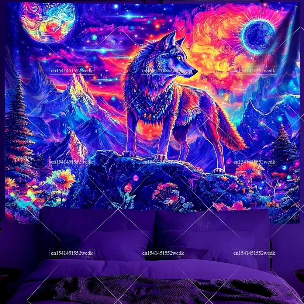 UV Reactive Wolf Blacklight Tapestry Neon Mountains Moon Fluorescent Tapestry Party Backdrop Aesthestic Glow In The Dark Posters
