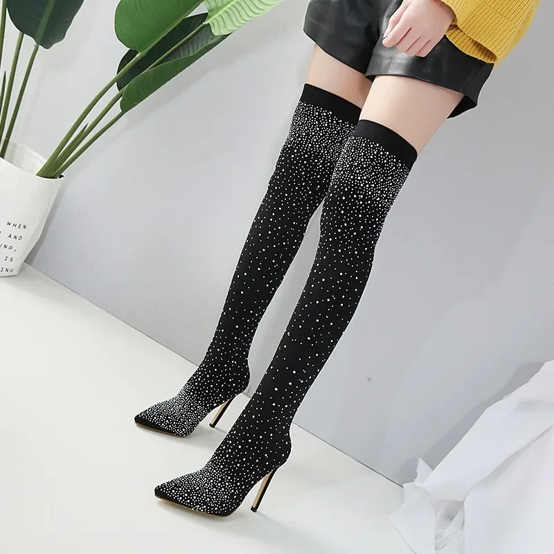 Design Crystal Rhinestone Stretch Fabric Sexy High Heels Sock Over-the-Knee Boots Pointed Toe Pole Dancing Women Shoes