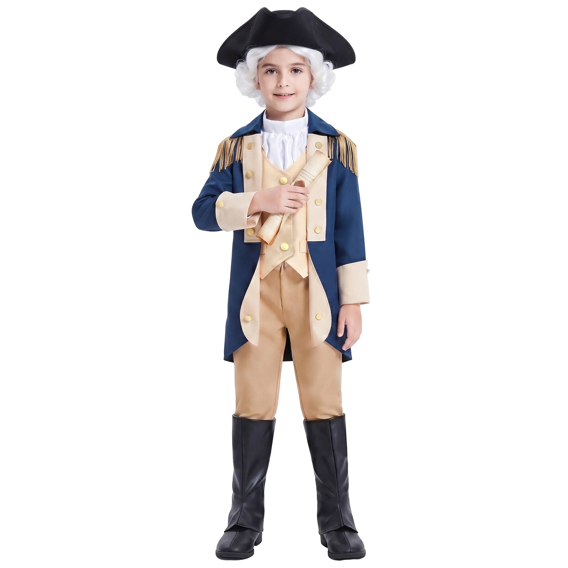 Kids Colonial George Washington Costume Historical Military Officer Outfit With Hat Boys Halloween Party Stage Fancy Dress view 3