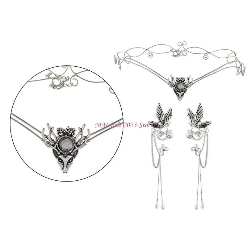 

49ME Ladies Wedding Ceremony Forehead Chain+Butterfly Earring for Women Festival Jewelry Headpiece for Taking Photo Props