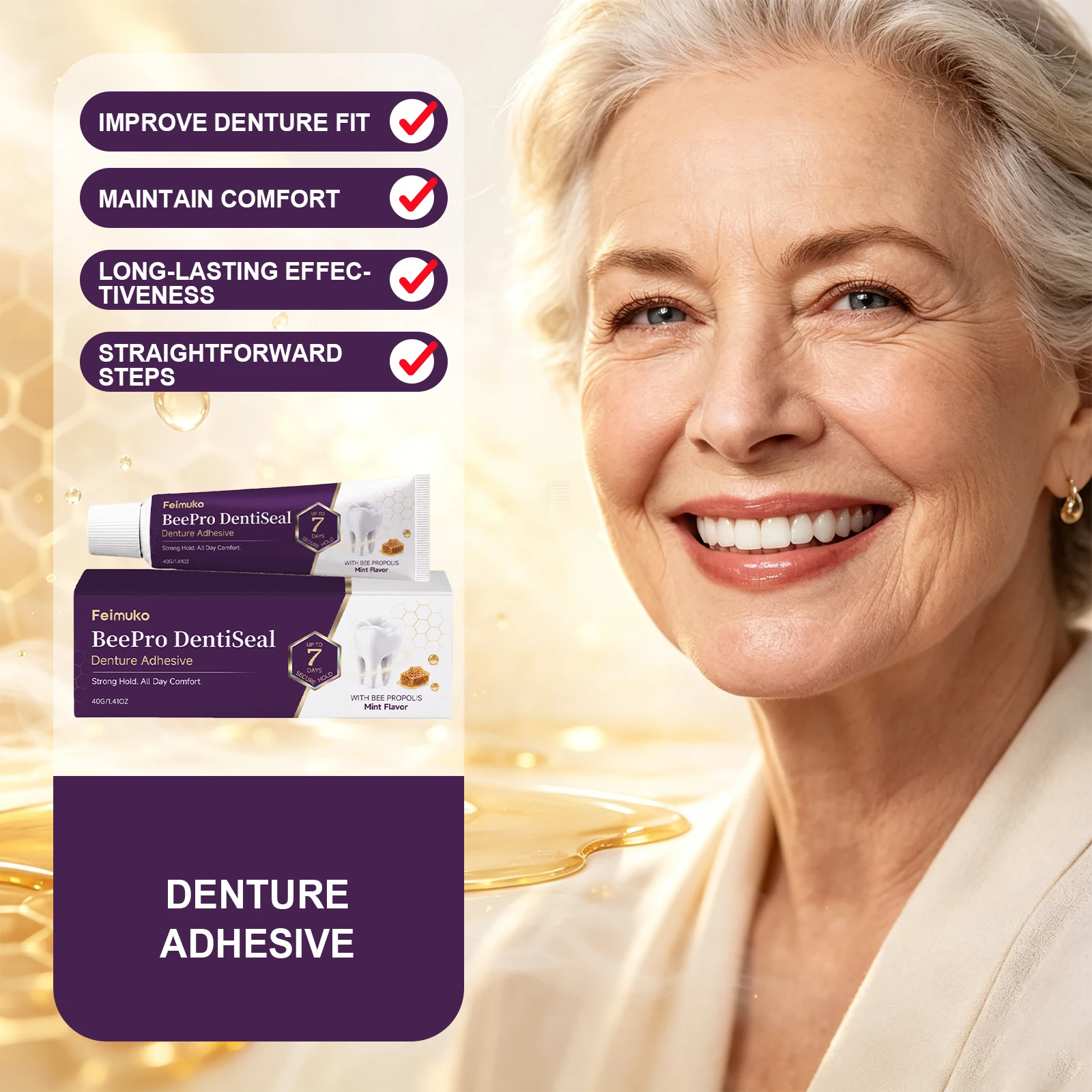 Strong Hold Denture Adhesive Cream Propolis Formula Secure Grip Lasting Denture Glue Daily Comfort Care Fake Teeth Fixative Glue