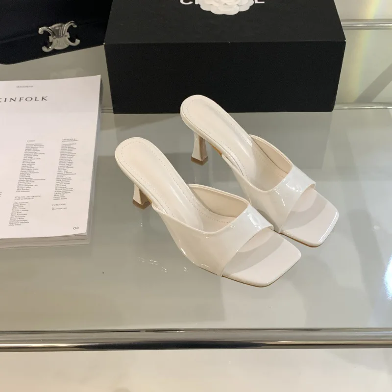 Pantoufles sexy à talons hauts pour femmes, chaussures à tête carrée, mode européenne et américaine, 2024 nouveau