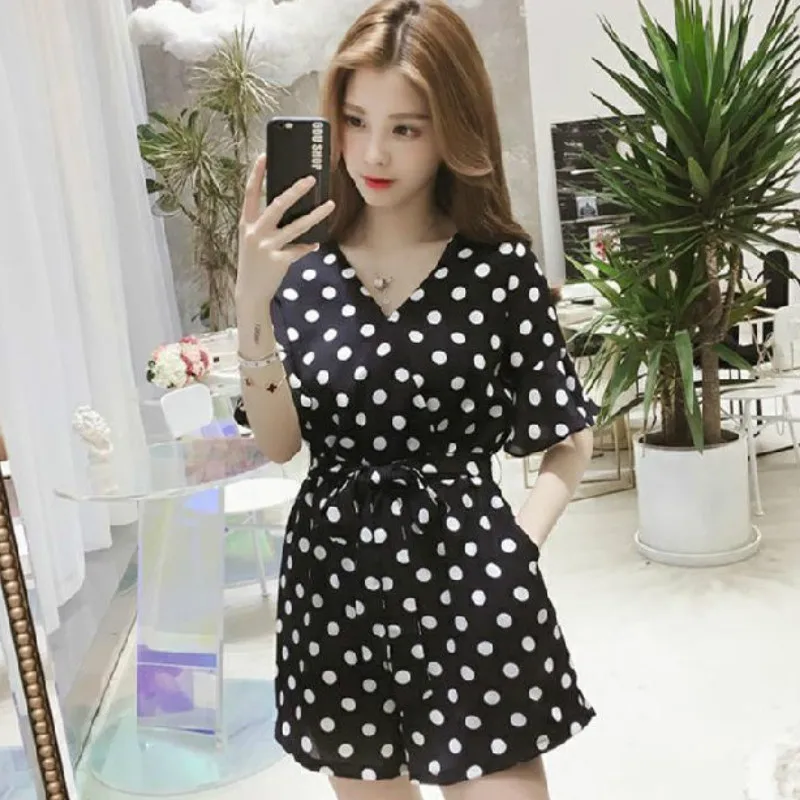 

Women Rompers 4XL Sashes Dot Loose Wide Leg Leisure Elegant Soft Ulzzang All-match Trendy Slim Daily Females Summer Kawaii Cozy