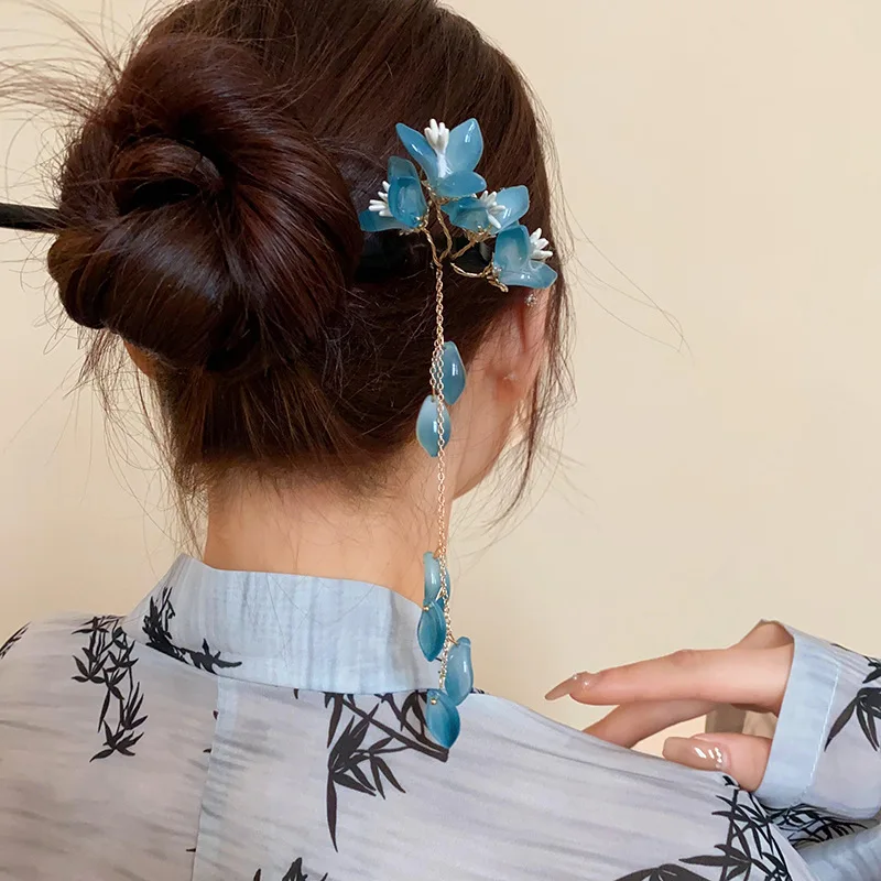 สไตล์จีนใหม่เคลือบสีฟ้าดอกไม้ผม Sticks สําหรับผู้หญิง Retro ผม Pins คุณภาพสูง Hanfu ตะเกียบ Headdress