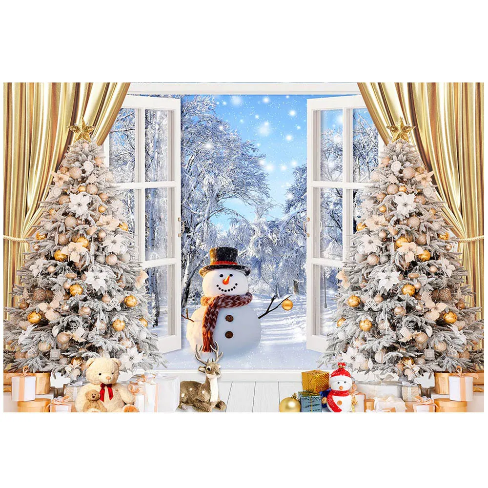Mocsicka Kerst Winter Fotografie Achtergrond Raam Sneeuw Bos Sneeuwman Xmas Boom Gouden Gordijnen Baby Kind Foto Achtergronden