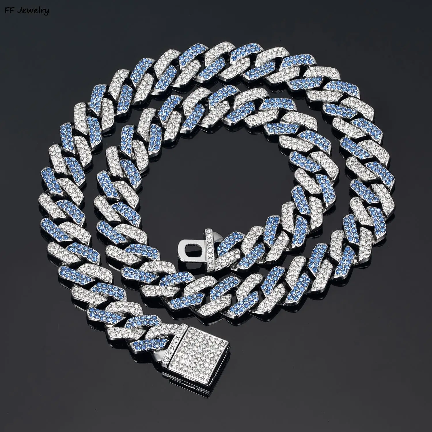 14mm Blue Cuban Link Chain For Men Silvery/Golden Iced Out Rhinestone Miami Necklace Choker For Women With Box Clasp Hip Hop