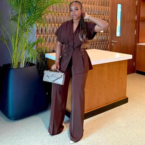 African Fashion Women Two Piece Set Turn Down Collar Short Sleeve Patchwork Shirt and Pants Set