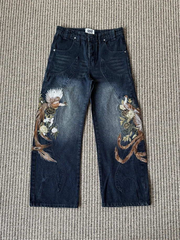 

Vescartes Phoenix Floral Embroidery Jeans Loose Straight Leg Long Pants New Chinese Sle Low Waist hine Embroidered Denim