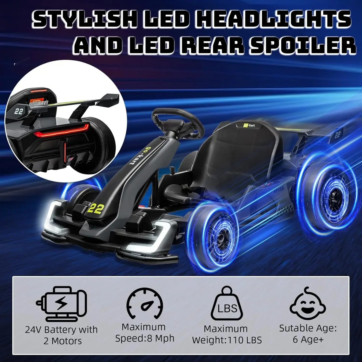 Electric Go Kart for Kids，Powerful Drift Kart with 2 * 150W Motors, Adjustable Seat, 8mph Speed, Bluetooth, Led Lights ，Outd