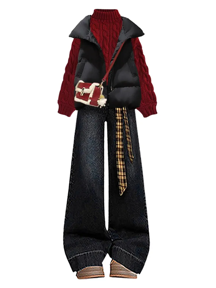 Coreano perezoso Sle suéter de punto chaleco Jeans mujeres invierno calle Sle dulce fresco pequeño Casual camiseta-piece conjunto de cintura alta