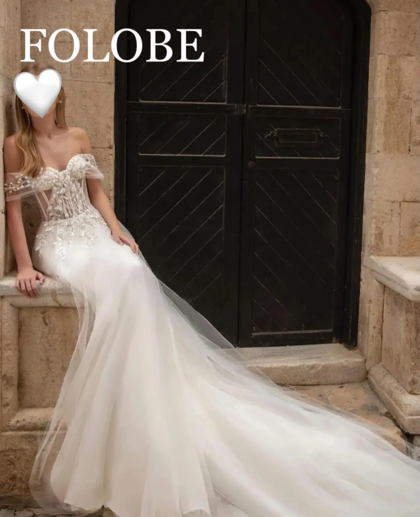 

Customized Lace Up Wedding Dresses Strapless Appliques Bride Gowns Cascading Ruffle Prom Dress Lace Off Shoulder Party Dress