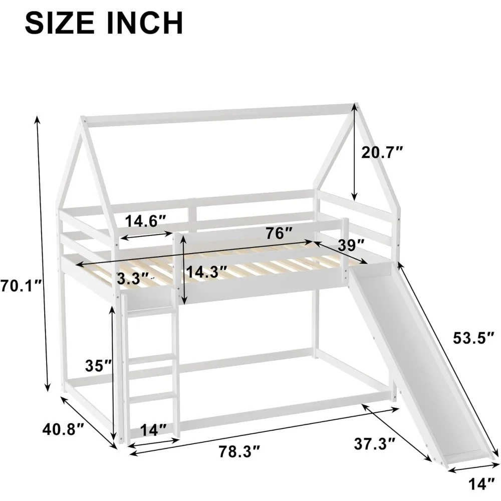سرير مزدوج بطابقين مع سقف ومنزلق للأطفال الصغار، سرير منخفض بطابقين من الخشب الصلب مع حاجز حماية وسلم مدمج، #2