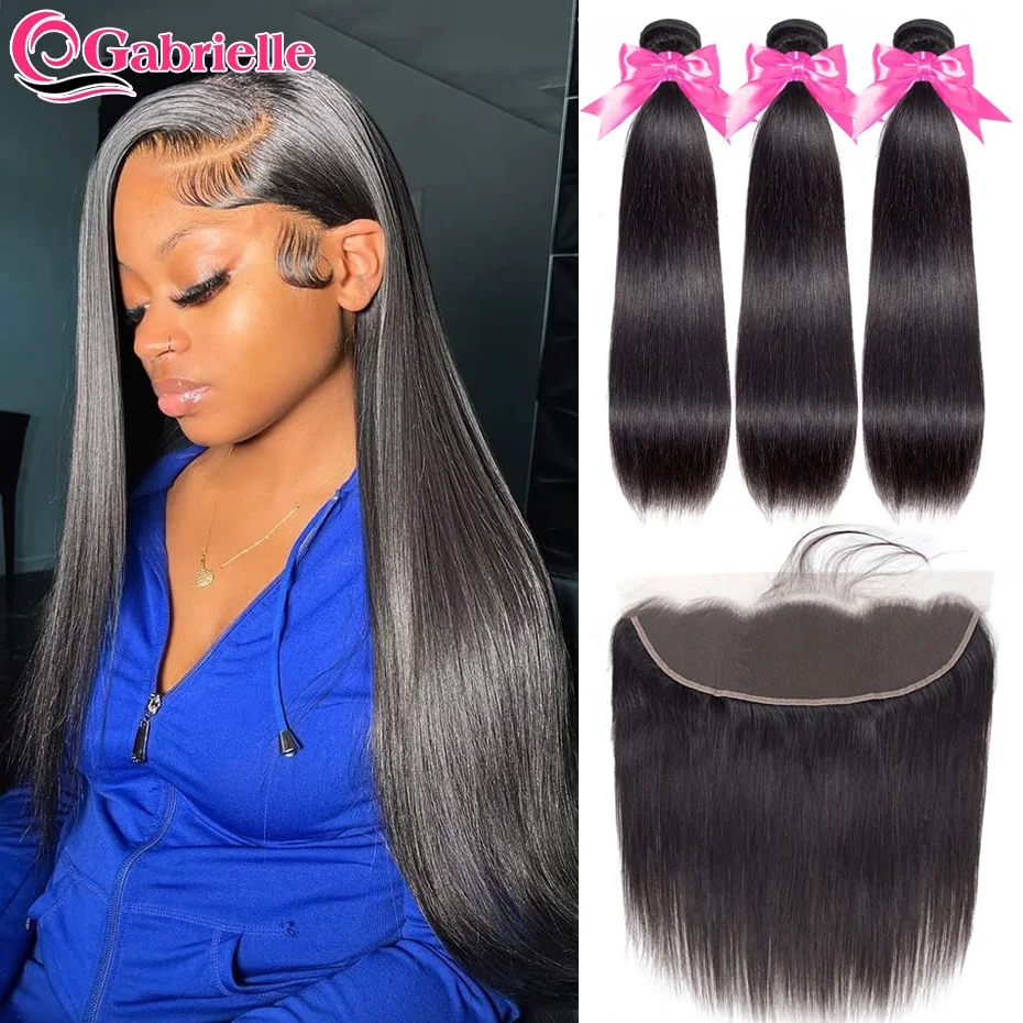 Gabrielle Straight Bundles with Frontal Brazilian Human Hair Weave Bundles With Frontal Closure 13x4 Transparent Lace Remy Hair