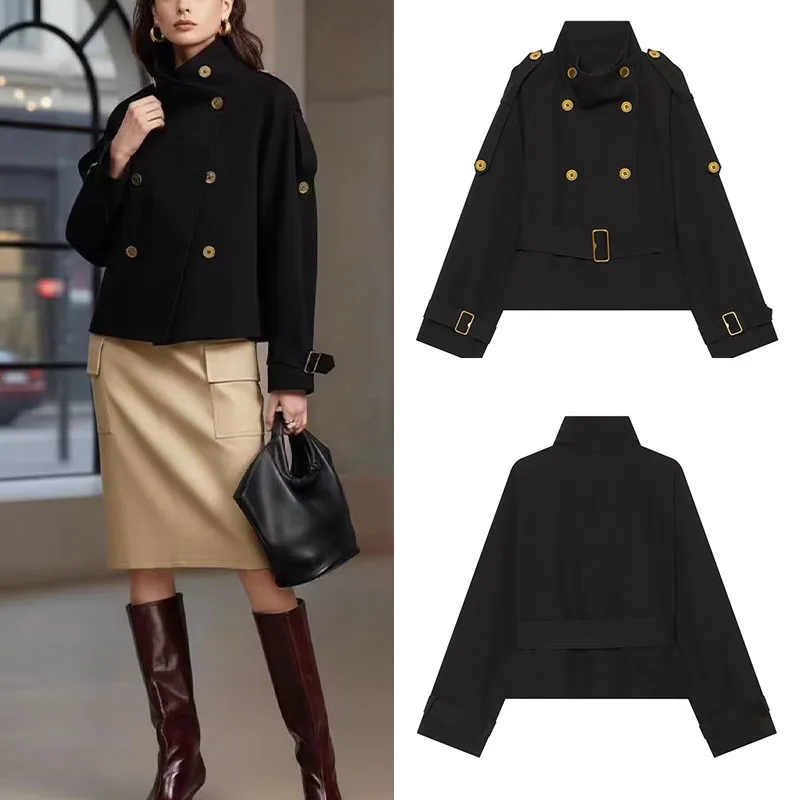 Guobiozi nuevo diseño de abrigo corto tipo trench para mujer con doble botonadura y cinturón, elegante y con estilo, ideal para ir al trabajo y para la oficina.