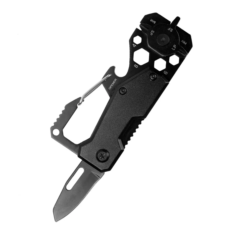 

Outdoor stainless steel tool card Portable folding knife Camping mountaineering buckle Bottle opener Hiking mini knife key chain