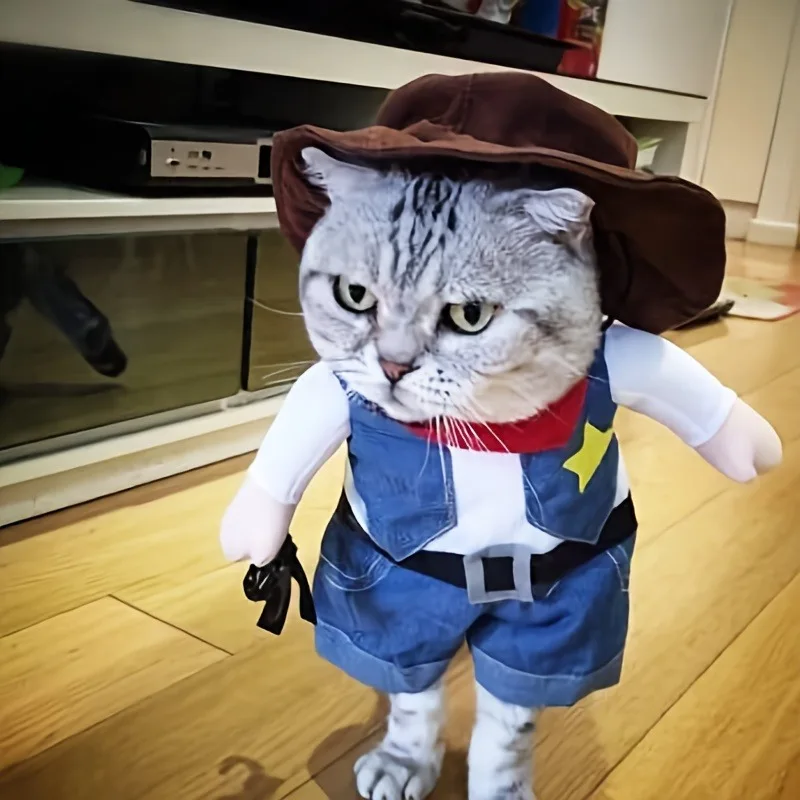 Cowboy Transformable Pet Costume Funny Cat Cosplay Outfit with Hat Halloween Christmas Party Dress Up Clothes for Small Medium