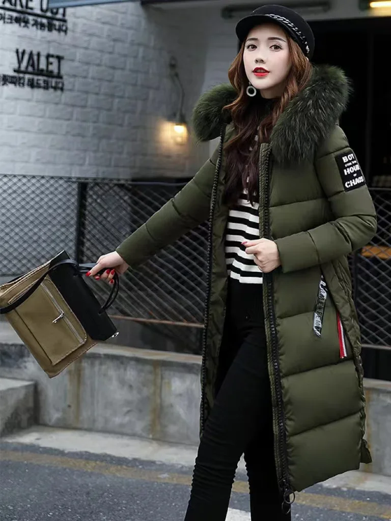 Parka com capuz feminino com gola de pele grande, casaco fino grosso, jaqueta de algodão, casacos longos, moda, outono, inverno, 2024