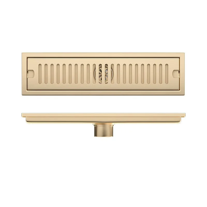 Large Displacement 304 Stainless Steel Floor Drain, Golden Long Strip Anti Odor Shower Room, Balcony, Rectangular Bathroom