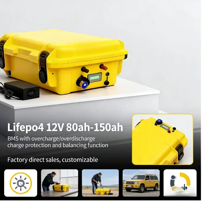12V LiFePO4 Portable Battery 80Ah 150Ah, Suitcase Style Built-in Inverter & Car Lighter Outlet, Duty-Free Outdoor Camping Emerge