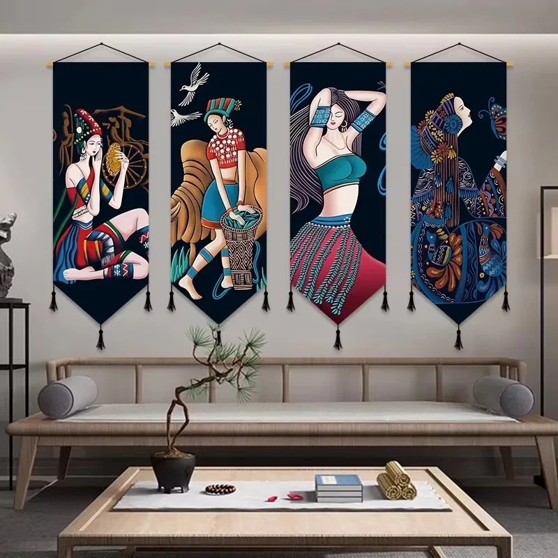 Japanese Ukiyoe Beauty Canvas Poster Wall Pictures for Living Room Home Decor Painting Wall Art with Solid Wood Hanging Scroll