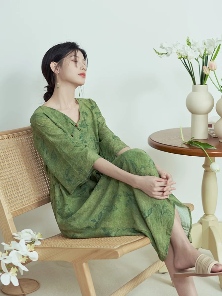 레트로 슬레 젠틀우먼스 리포머드 코튼 린넨 드 플로럴 프린트 A라인 스커트 또는 Sve V넥 여름 드