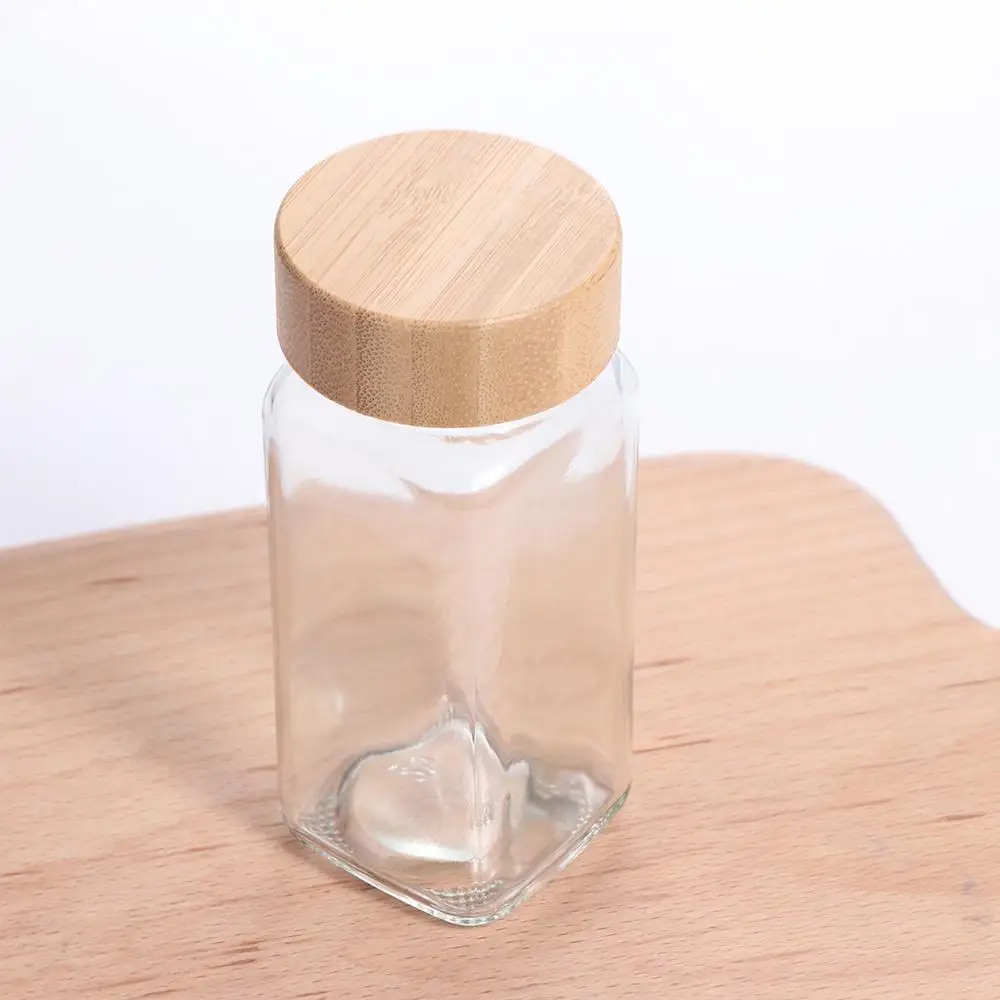 4oz Glass Spice Jars Transparent Square Seasoning Bottle Perforated with Bamboo wood lid Seasoning Jar Drawer