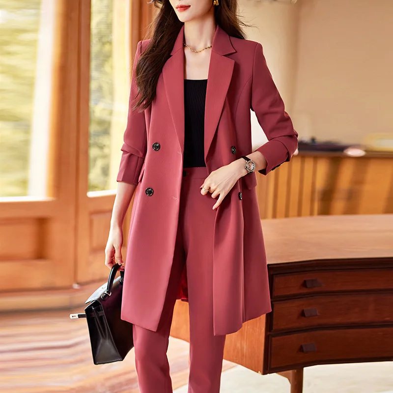

High Quality Fabric Women Business Suits Middle Long Windbreaker and Pants Autumn Winter Professional Jackets Coat Tops Outwear