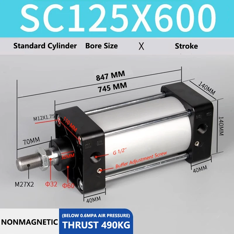 

ABILKEEN SC125X600 Standard Pneumatic Cylinder 125mm Bore Size X 600 MM Stroke Double Acting Air Standard Cylinder