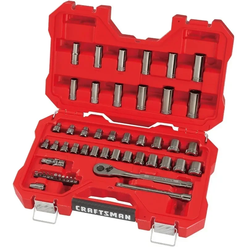 

51-Piece Socket Set with Storage Case, SAE/Metric Mechanics Tool Set,Gun Metal Chrome & Durable Blow Molded Case