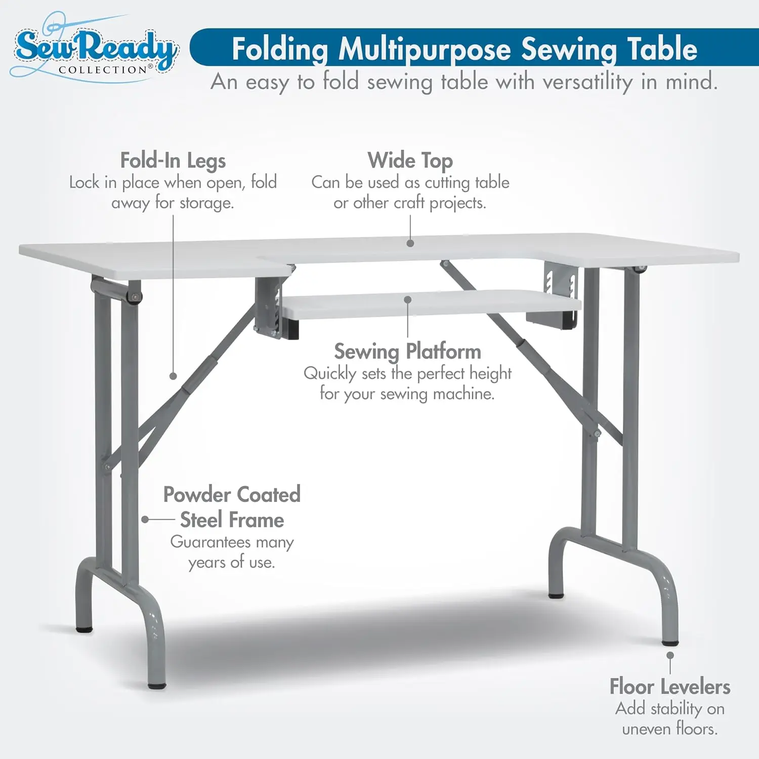 Folding Sewing Table 47.5' W x 28' D White Adjustable Shelf Multi-Use as Computer Desk