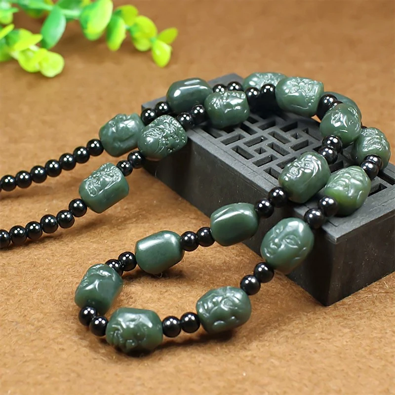 

Natural Nephrite Green Jade Necklace Men Women Fine Jewelry Chinese Hetian Jade Buddha Head Bead Beaded Necklace Adjustable Cord