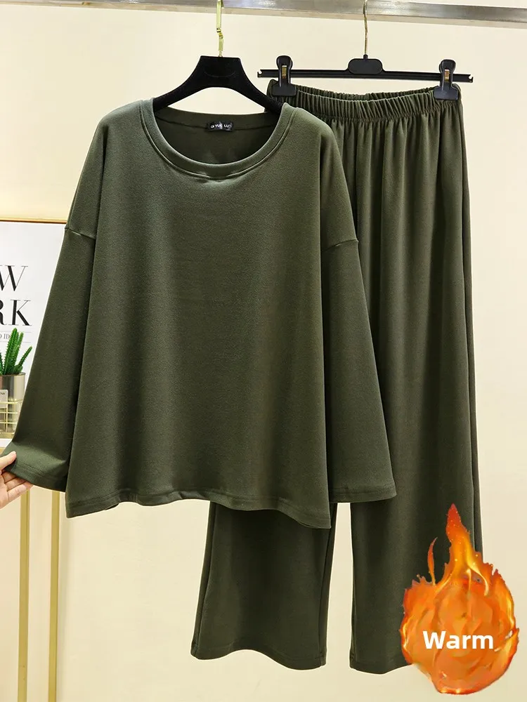 

plus Size Women's Fluffy Fce Lined Long Sve Home Clothes Set Casual Sle round Ne Wide Leg Pants Comfortable Spwear