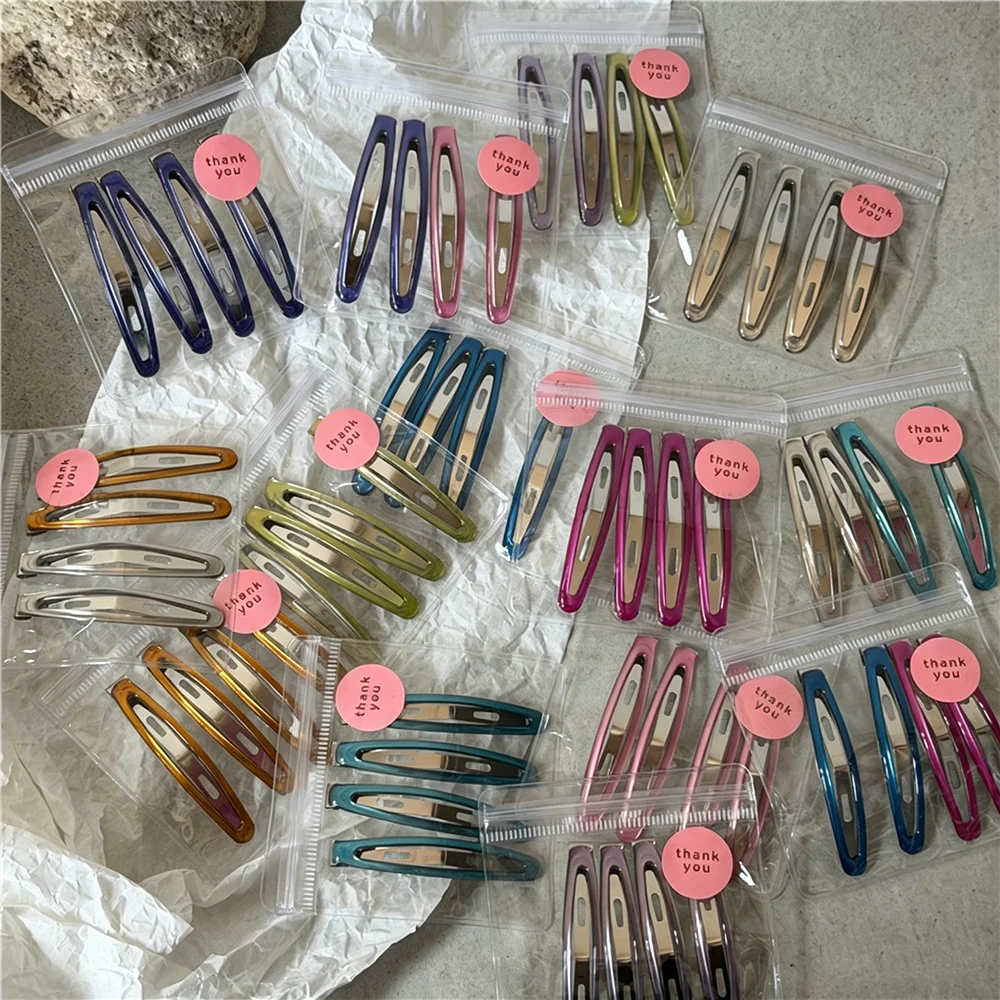 New K-style Icy Clear Snap Hair Clips for Girls Sweet Cool Side Clips Metal Color Bobby Pins Hairpin Set Women Hair Accessories