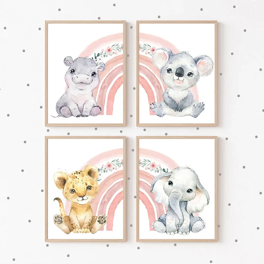 Multi-size 1PC frameless high-definition decorative paintings,Nursery Animals Pink Rainbow Koala Lion Giraffe Zebra Wall Art Can