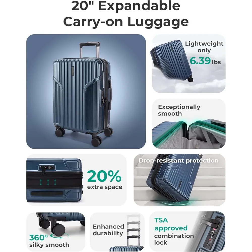Lightweight 20 Inch Expandable Hardside Carry-On Luggage with Spinner Wheels, Airline Approved for Travel