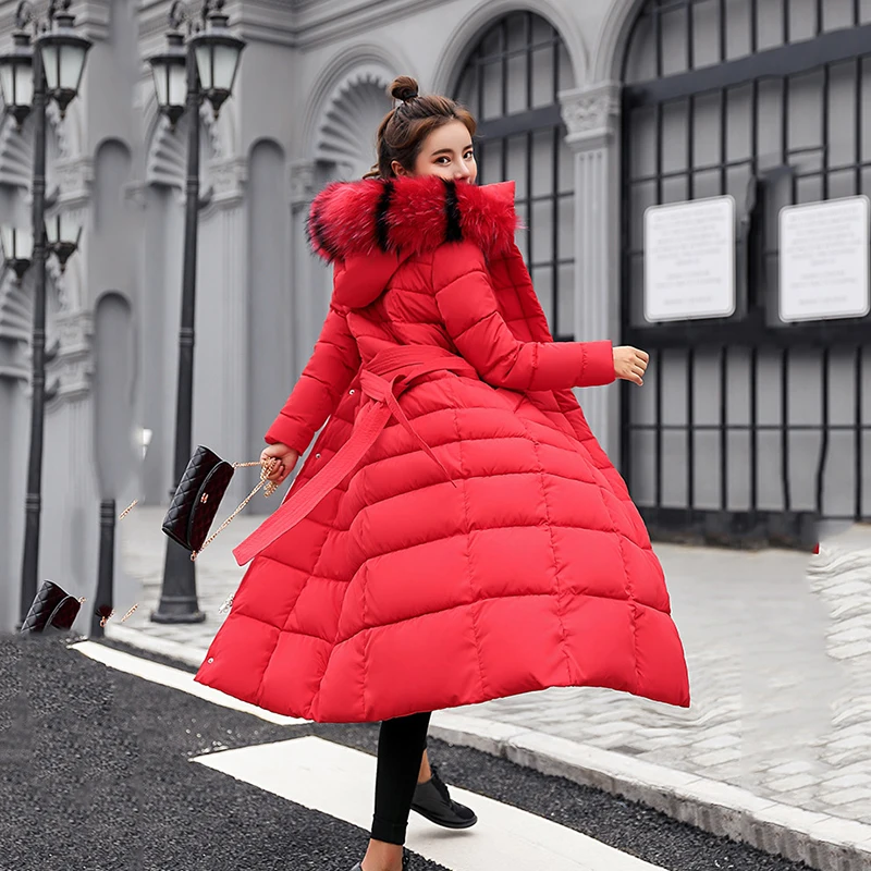 Winter Women Parkas Extended Large Woolen Collar Cotton Jacket Ruched Solid Color Single Breasted Zipper Slim Big Hem Long Parka