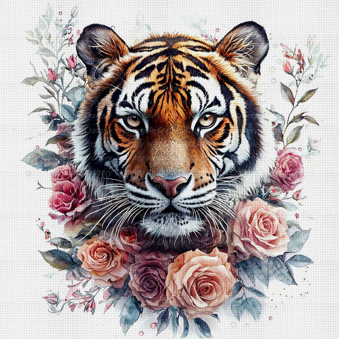 Tiger Sniffs Roses Kreuzstich-Set zum Selbermachen, 11CT-Stickerei, Heimwanddekoration, Geschenk, handgefertigtes Material, rahmenlos, halbfertig, 36 x 36 cm