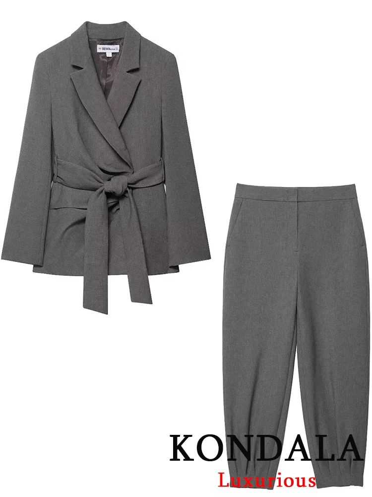 

KONDALA офисный женский шикарный женский костюм, однотонный пиджак с поясом и длинными рукавами, длинные прямые брюки на молнии, модные офисные осенние комплекты 2025 года